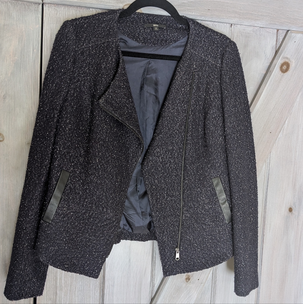 Boss Hugo Boss Navy "Klera" Tweed Blazer Jacket Us 6 Wool Blend Elevated Chic